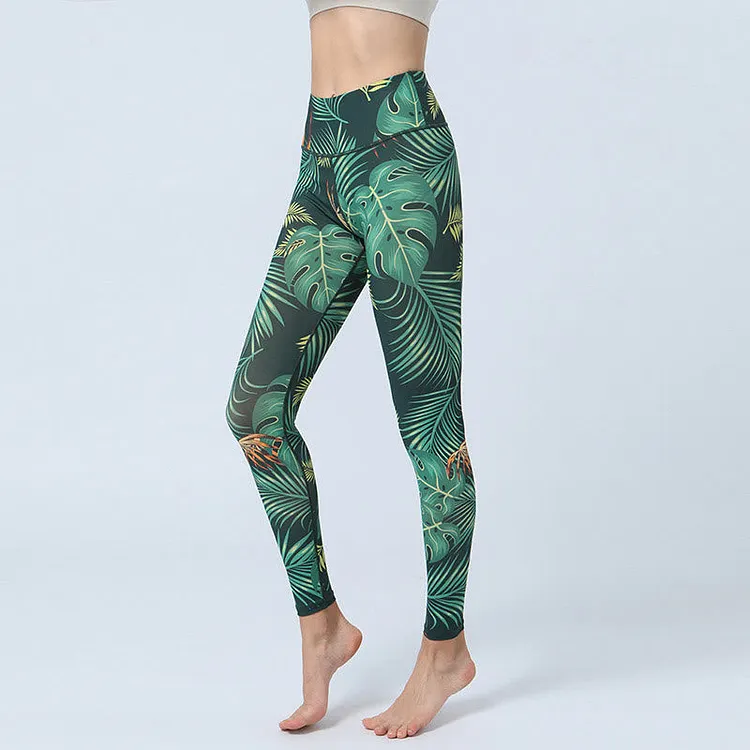Leaves Print Sports Fitness Yoga High Waist Leggings Women's Yoga Pants