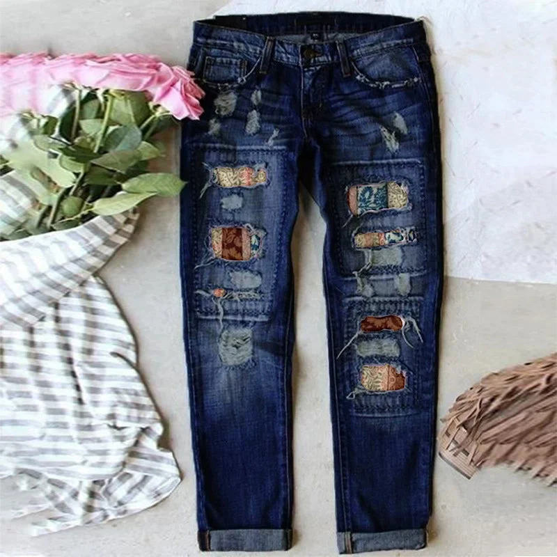 Stretch Ripped Frayed Raw Hem Distressed Denim Jeans with Holes and Pockets Floral, Coffee