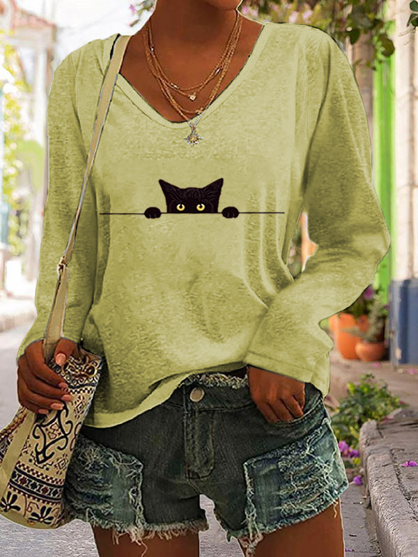 Women's Casual Funny Black Cat Print T-shirt wearshes