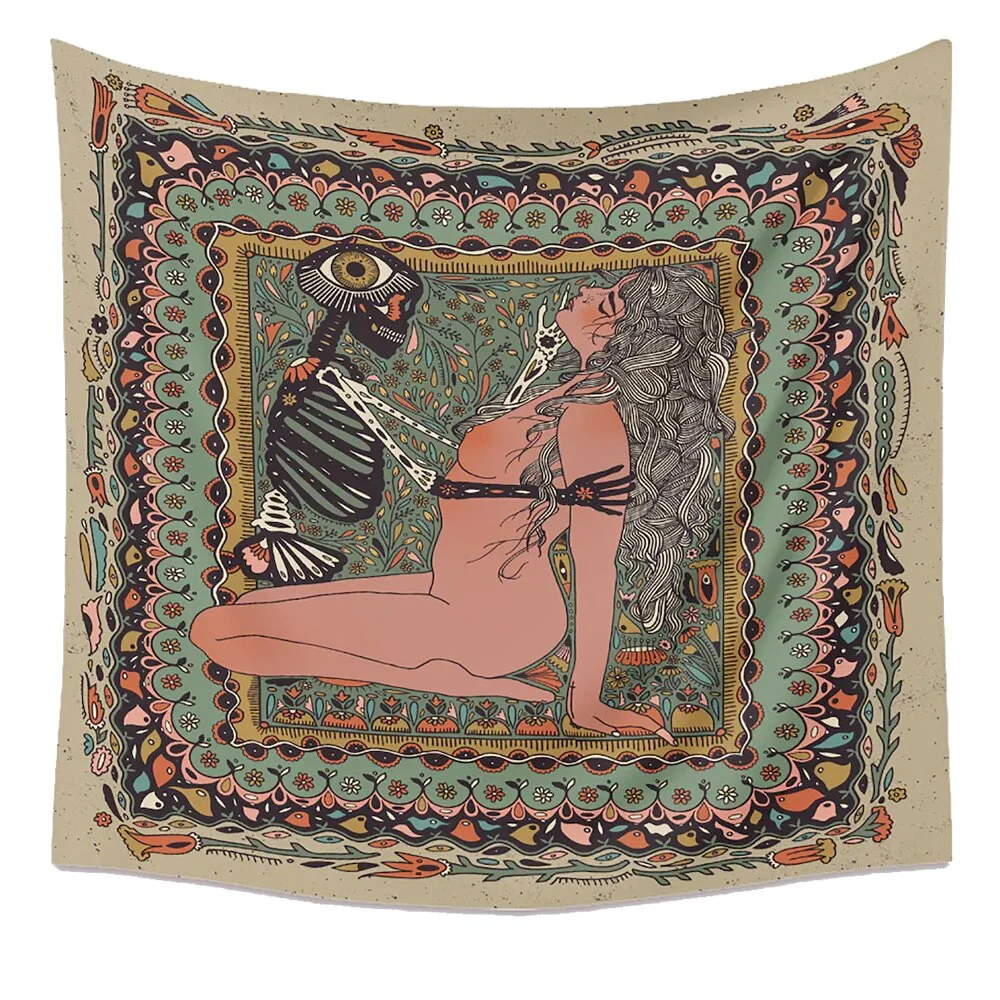 Psychedelic Nude Sexy Woman Skull Lover Tapestry Wall Hanging  Trippy Flower Tapestry Fantasy Magic Tapestry Wall Art Home Decor