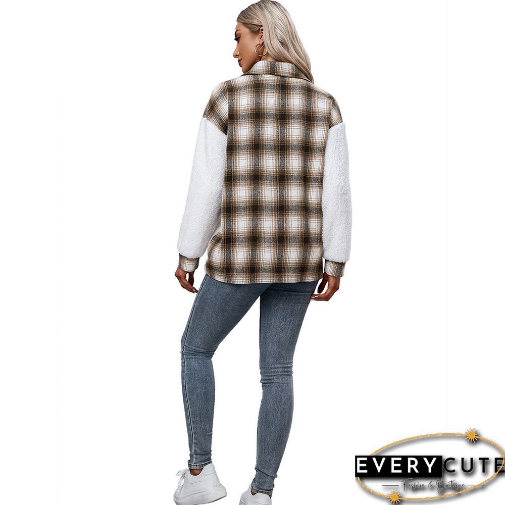 Khaki Splice Plaid Print Plush Casual Shirt Jacket