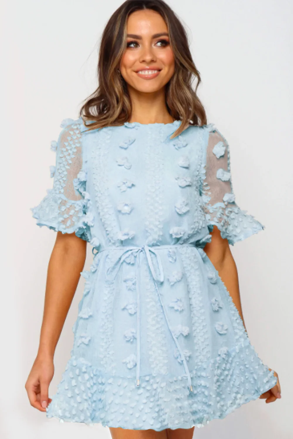 Sky Blue Crew Neck Swiss Dot Mini Dress | IFYHOME