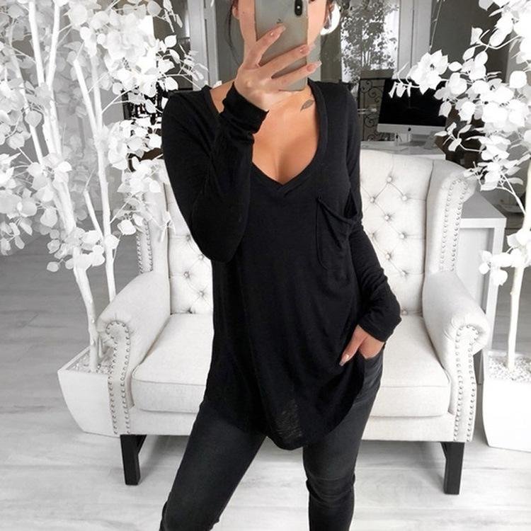 Spring and Autumn Sexy V-neck Loose Pocket Long Sleeve Bottomed T-shirt - VSMEE