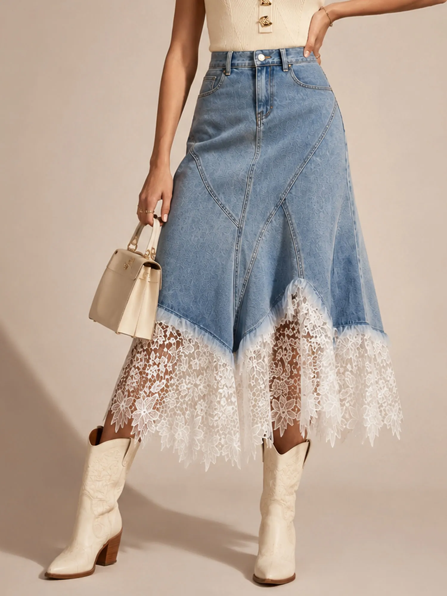 For Country Music Festivals &mdash; 2026 Spring Light Blue Denim White Floral Lace Hem Maxi Skirt