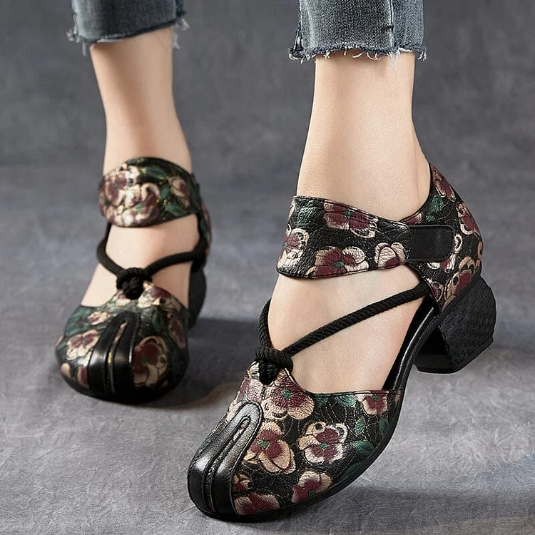 Summer Retro Figured Leather Low Heel Sandals