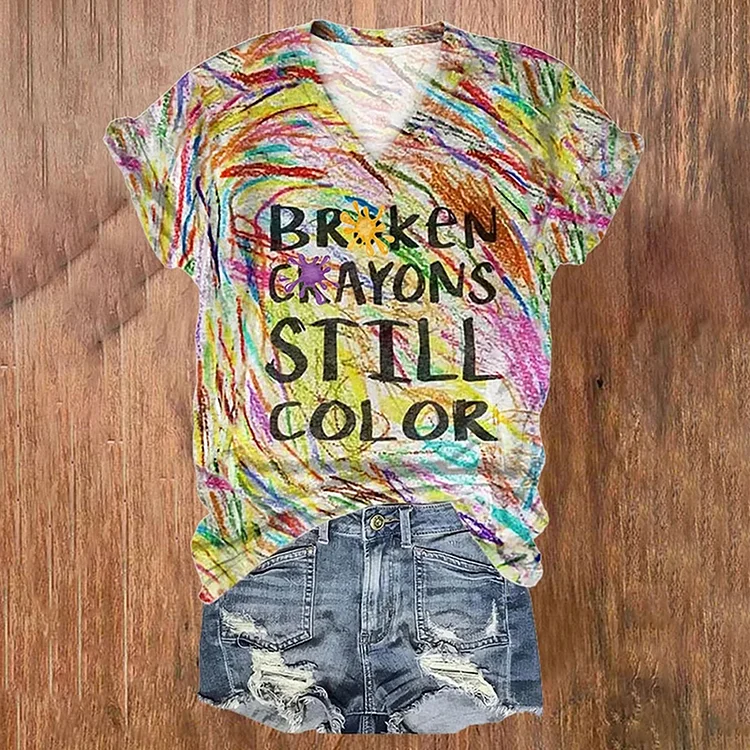 Comstylish Women's Broken Crayons Still Color Print Short Sleeve T-Shirt