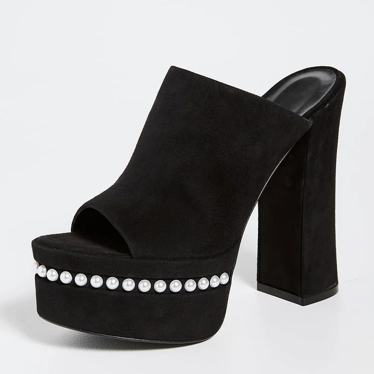 Black Vegan Suede Platform High Heel Slides Shoes Pearl Trim Sandals |FSJ Shoes