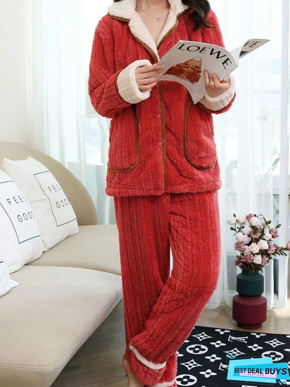Colorblock Lapel Coral Fleece Home Warm Loose Plus Size Pajama Set
