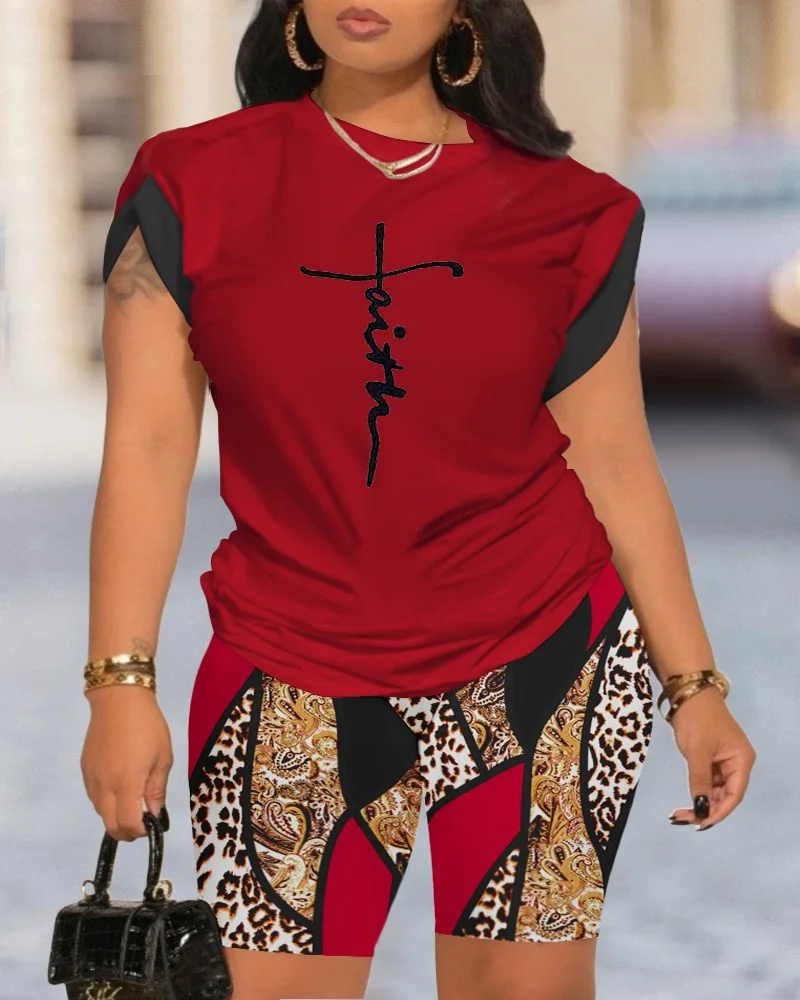 Uveng Uveng Summer New Women's Temperament Digital Printing Round-Neck Short-Sleeved Set