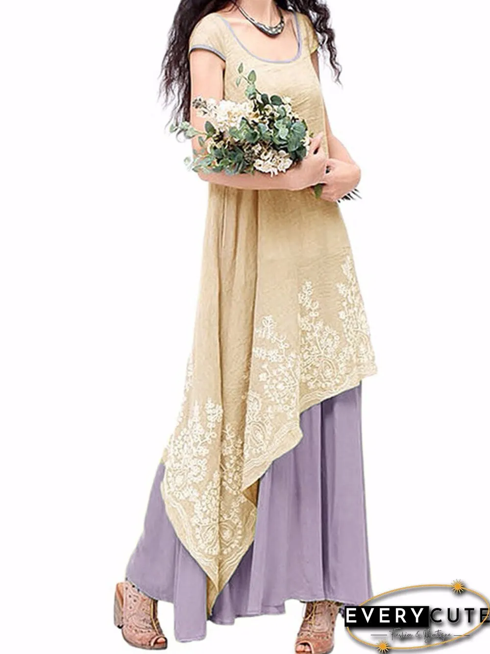 Vintage Floral Embroidered Sleeveless Two Layers Long Maxi Dresses
