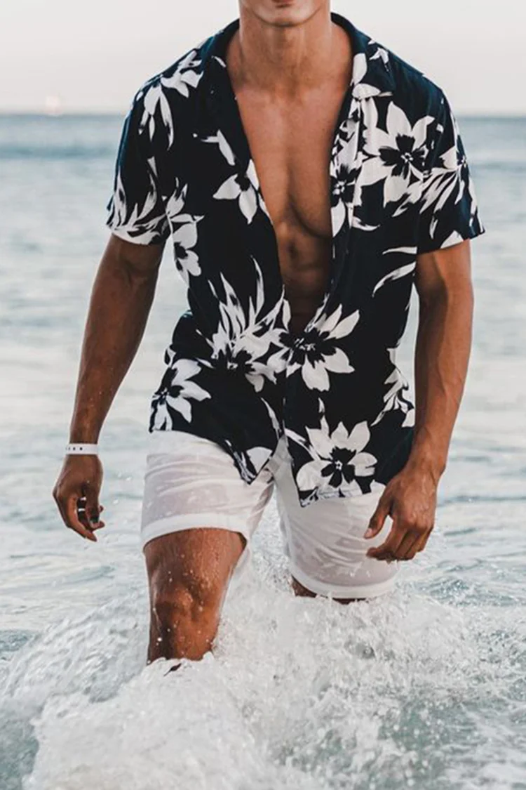 Summer White Flower Print Short Sleeve Shirt