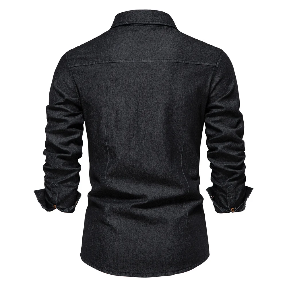 Men's Casual Solid Color Long-sleeved Denim Shirt