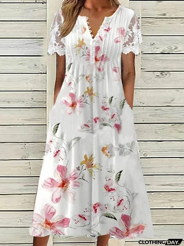 Women's Lace Dress Summer Dress Floral Print Lace V Neck Midi Dress Fashion Modern Date Weekend Short Sleeve Regular Fit White Summer Spring S M L XL XXL