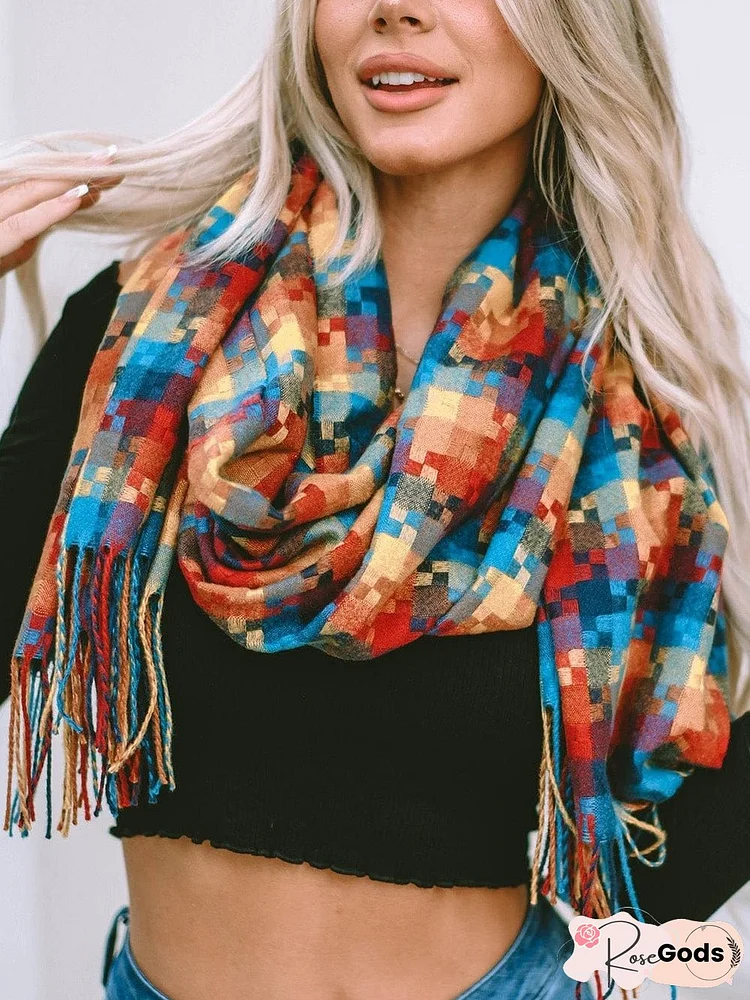 Orange Plaid Print Tasselled Oversized Scarf