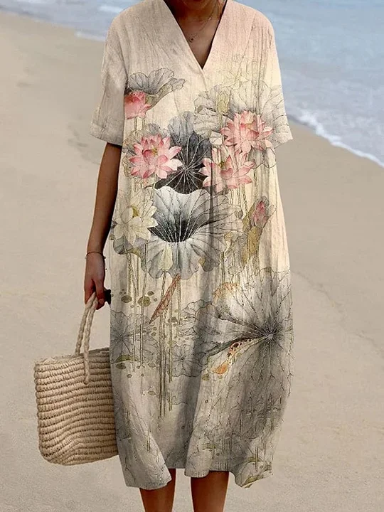 Line Lotus Pattern V-Neck Women'S Dress