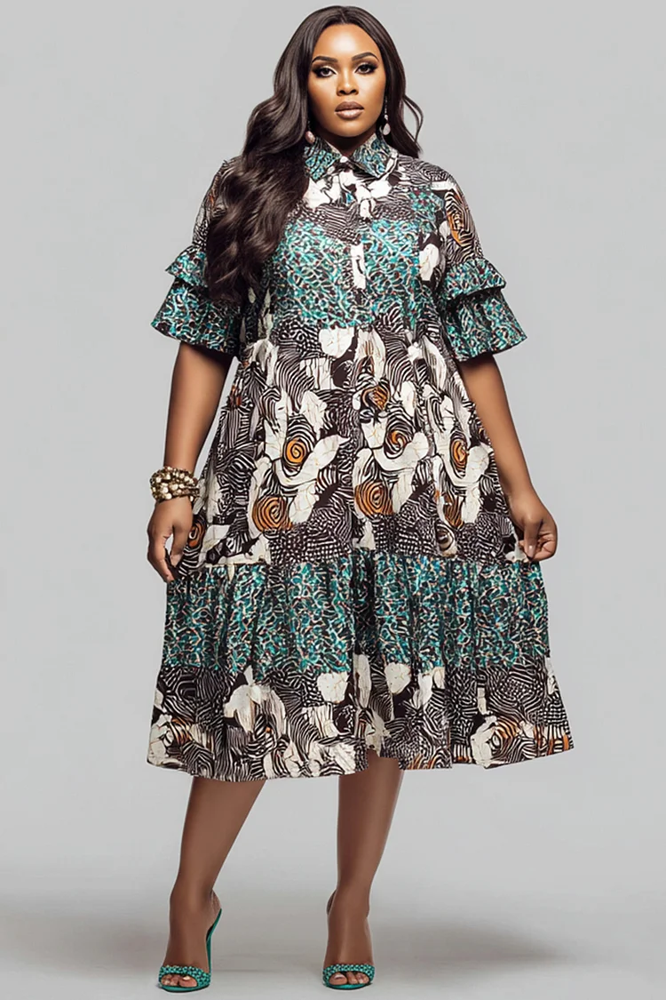 Xpluswear Design Plus Size Business Casual Multicolor African Print Shirt Collar Short Sleeve Pocket Ruffle Midi Dresses 2024 - Xpluswear