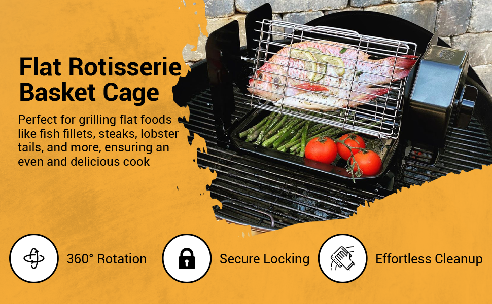 Flat Rotisserie Basket Cage Cooker, steak, fish