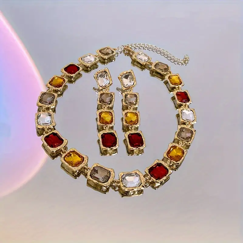 wedding banquet style jewelry set square rhinestone tassel stud earrings necklace set suitable for women details 1