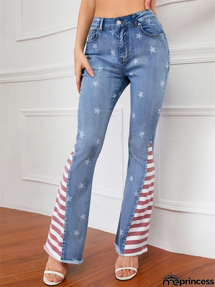 Women's Contrast Color Star Print Fashion Denim Jeans