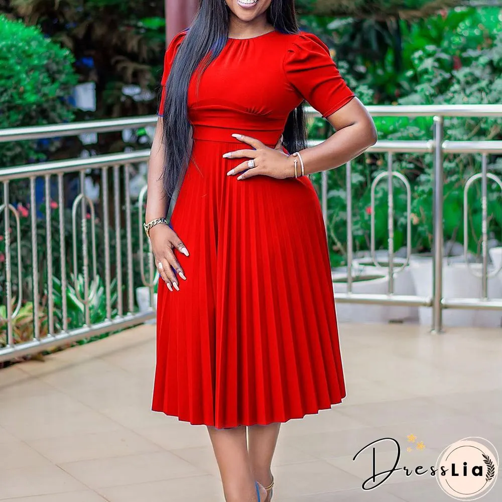 Short Sleeve Pleated Solid Color Plus Size Dress