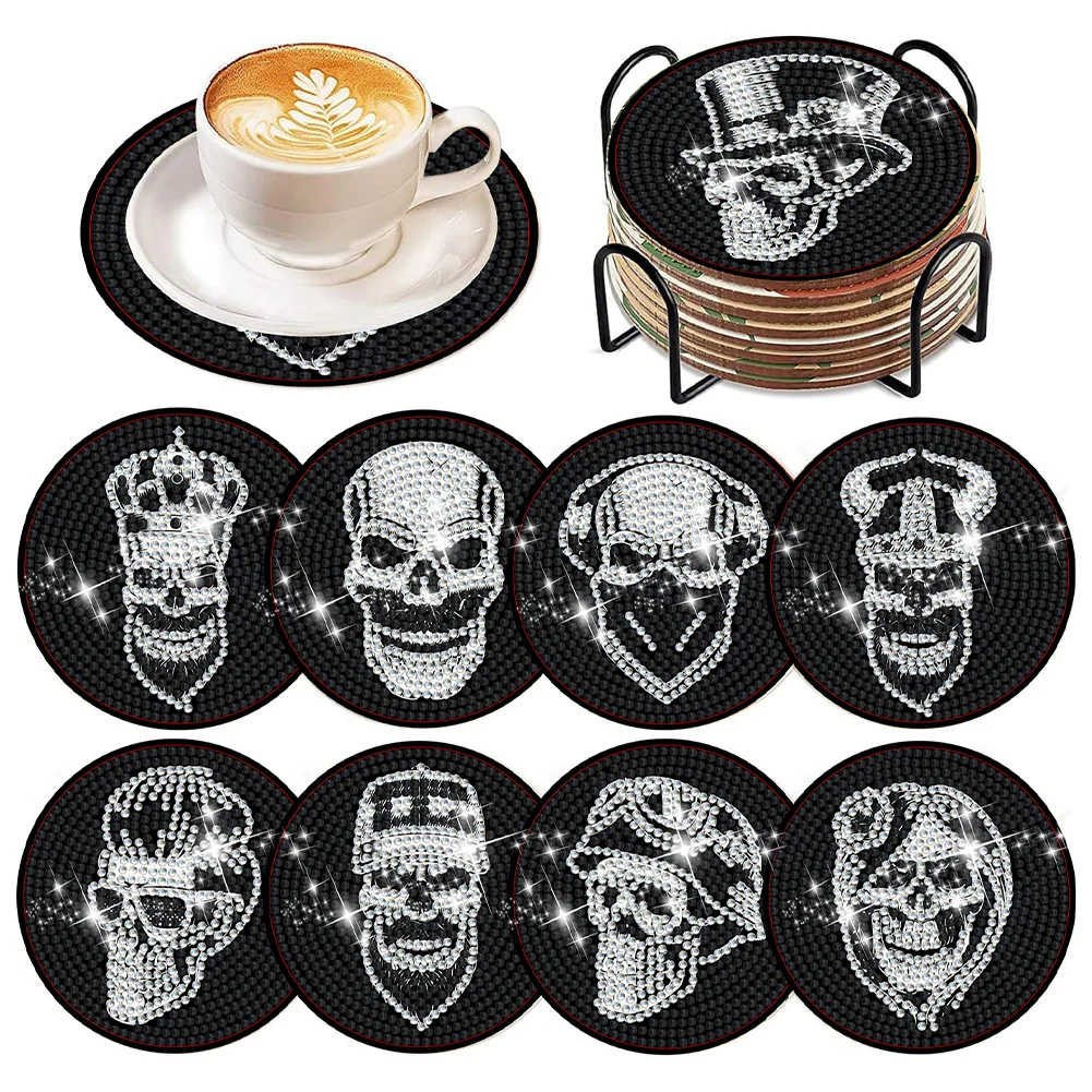 8pcs DIY Skull Acrylic Diamond Painting Coasters Kits with Holder for Beginner