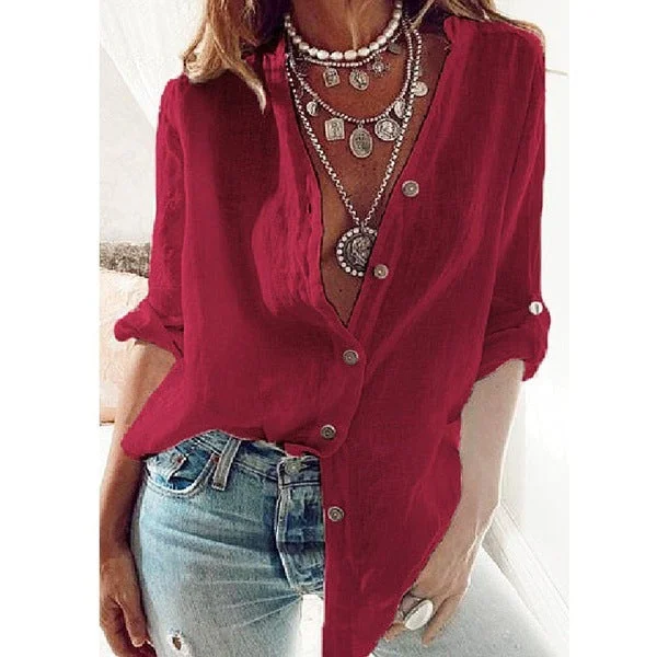 Uveng Street Hipster Pure Color Cotton Sleeves Loose-fitting V-neck Long Women's Top