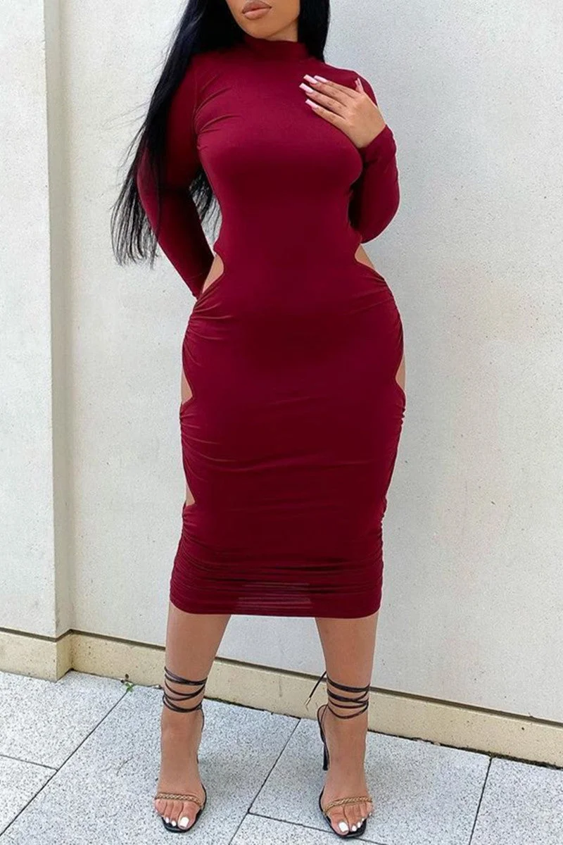 Fashion Sexy Solid Hollowed Out Half A Turtleneck Long Sleeve Dresses