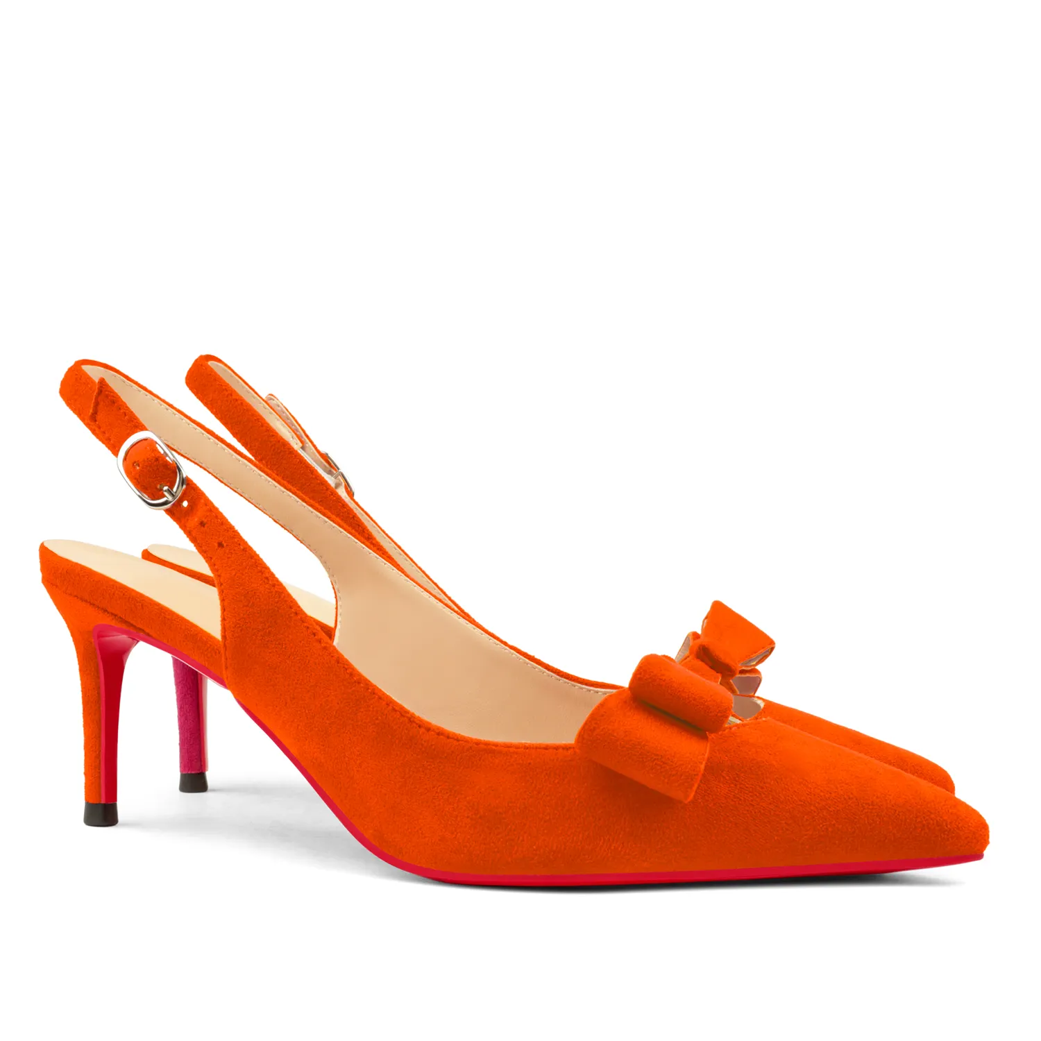 65mm Women's Pointed Toe With Bows Kitten Stillettos Slingback Red Bottoms Prom Suede Sandals-vocosishoes