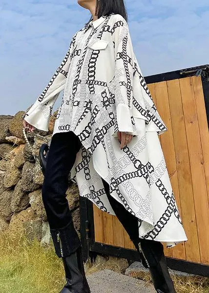 Handmade lapel asymmetric spring tunics for women white print loose shirt