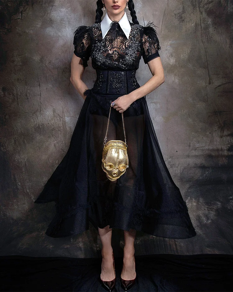 Women's Short Sleeve Mesh Embroidery Dress