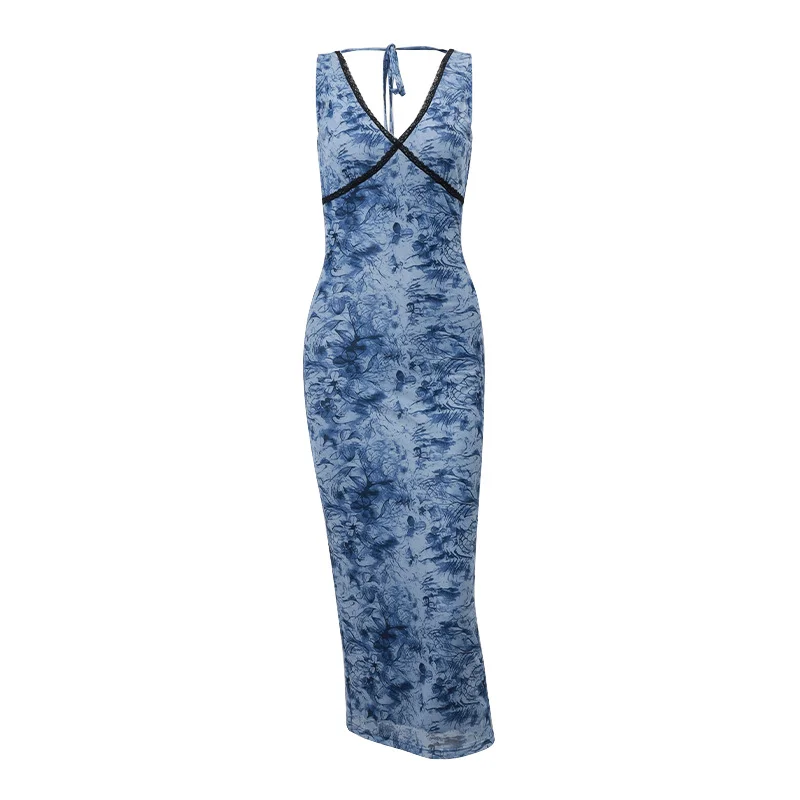 Pongl Pongl New Women's Fashion Retro Print Sexy Back Strap Slim Hip Dress