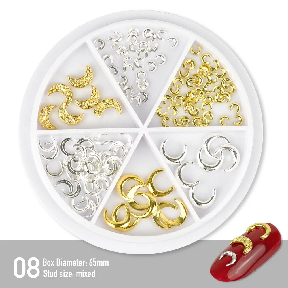 [Beautizon] 6 Grids Mixed Steel Studs Stars moons triangles Charms Nails DIY Accessories Nail Decoration Nail Art Rhinestones