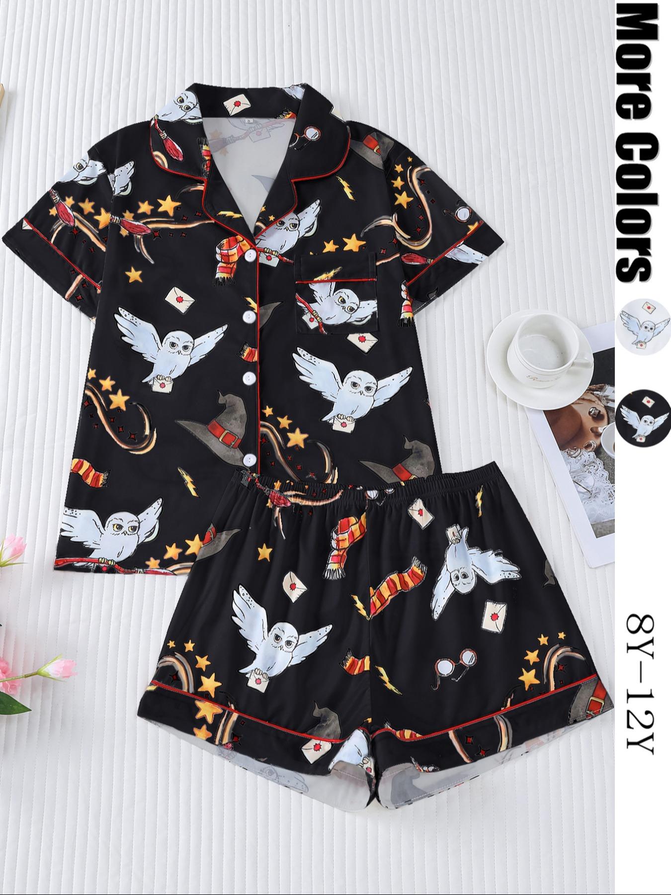 Women's Owl Print Short Sleeve Top & Elastic Waist Shorts Pyjama, Casual Comfy T-shirt & Shorts PJ Set, Ladies Sleepwear for Summer, Loungewear, Pajama Set, Pajamas Set