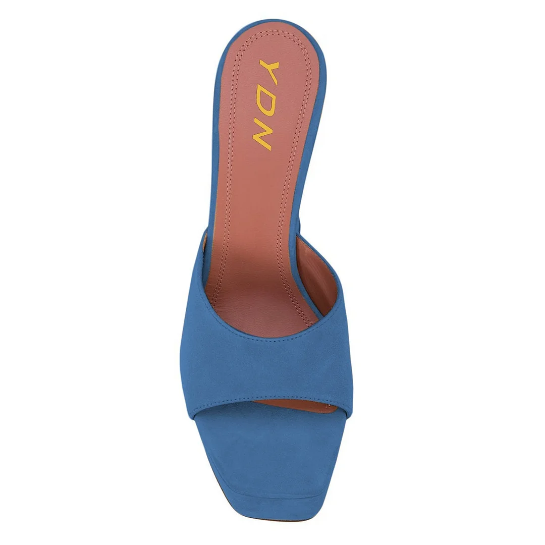 Elegant Blue Wide Strap Square Toe Platform High Heel Mules for Women