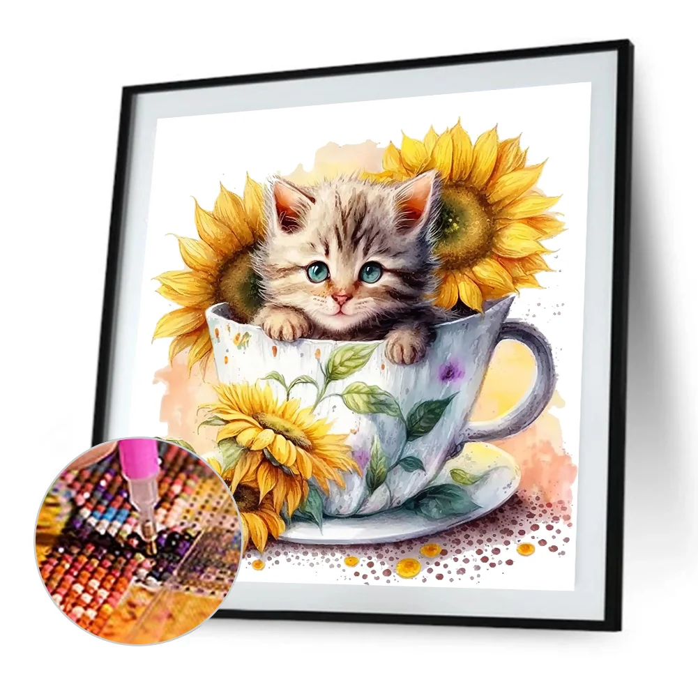 Diamond Painting - Full Square Drill - Cup Sunflower Cat(Canvas|35*35cm)