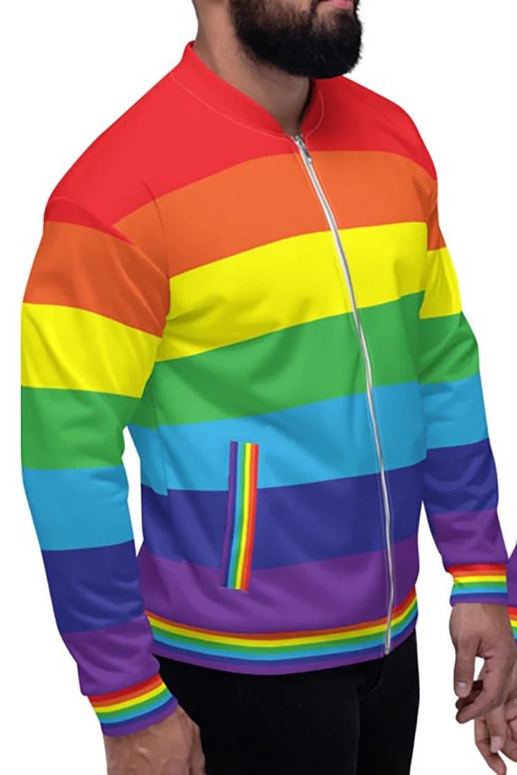 Rainbow Striped Print Zipper Jacket With Pocket [Pre-Order]