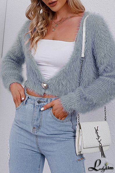 Solid Split Joint Buttons V Neck Outerwear