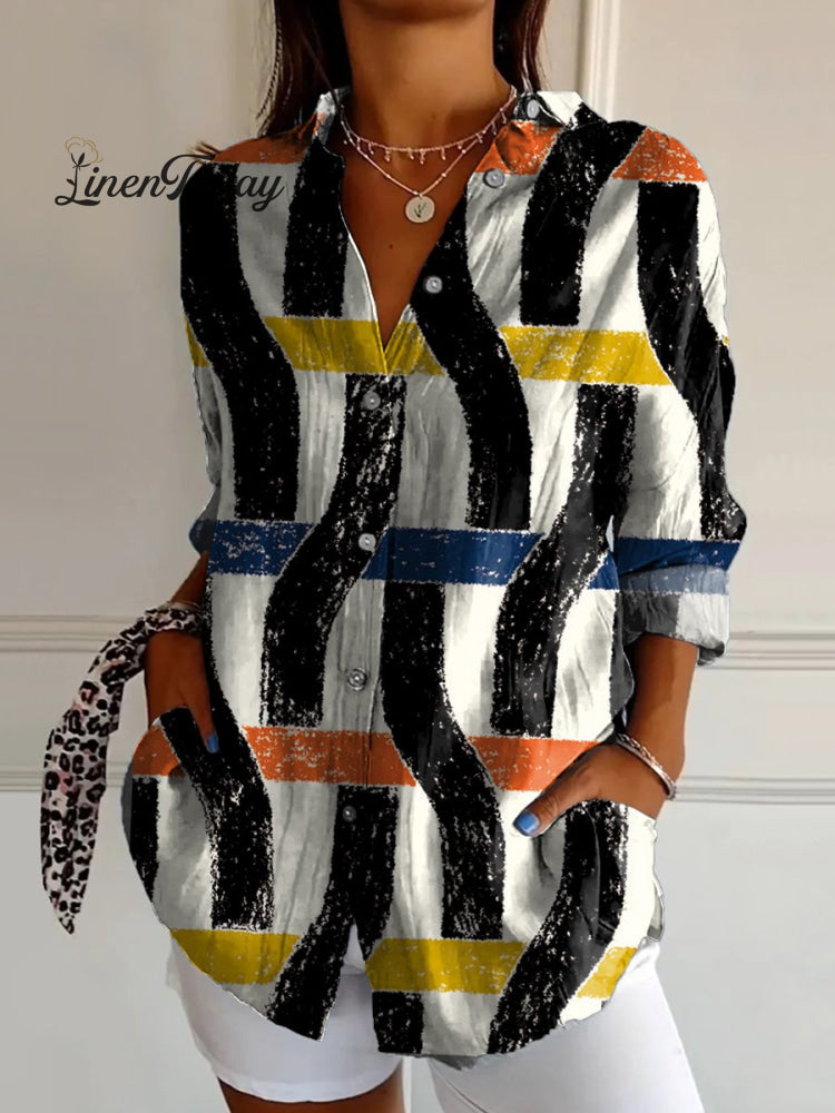 Women&rsquo;s Stripe Abstract Geometry Print Casual Cotton Shirt Multicolor / S
