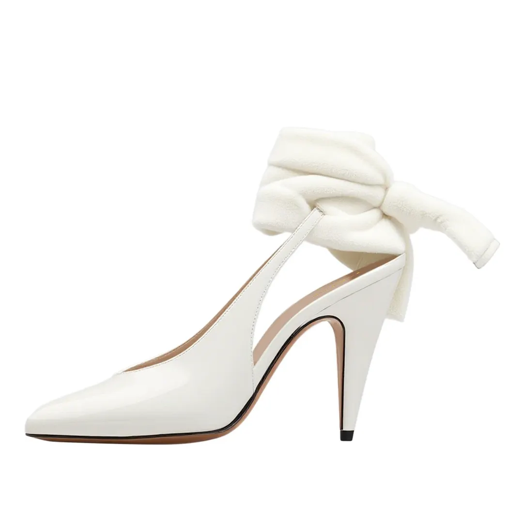 Women's Pointed Toe Cone Heel Slingback White Pumps with Bow