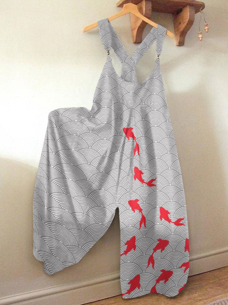 Comstylish Japanese Goldfish Art Print Loose Jumpsuit