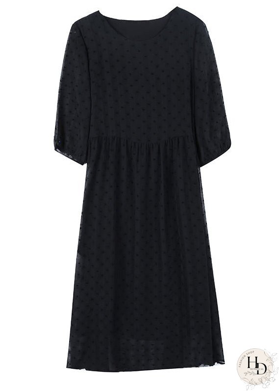 Style Black O Neck Jacquard Chiffon Long Dresses Lantern Sleeve