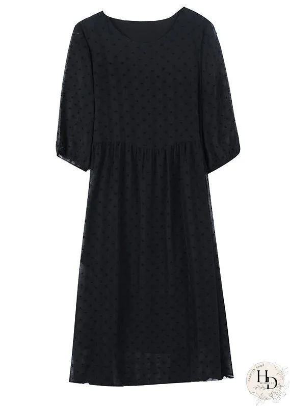 Style Black O Neck Jacquard Chiffon Long Dresses Lantern Sleeve