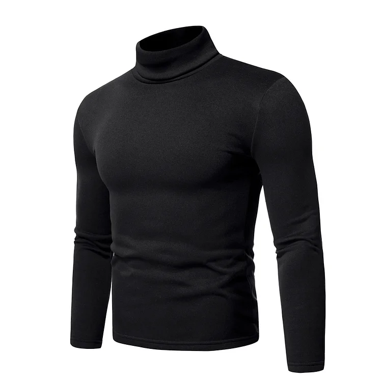 BrosWear Turtleneck Slim Fit Solid Color Pullover T-Shirt Black