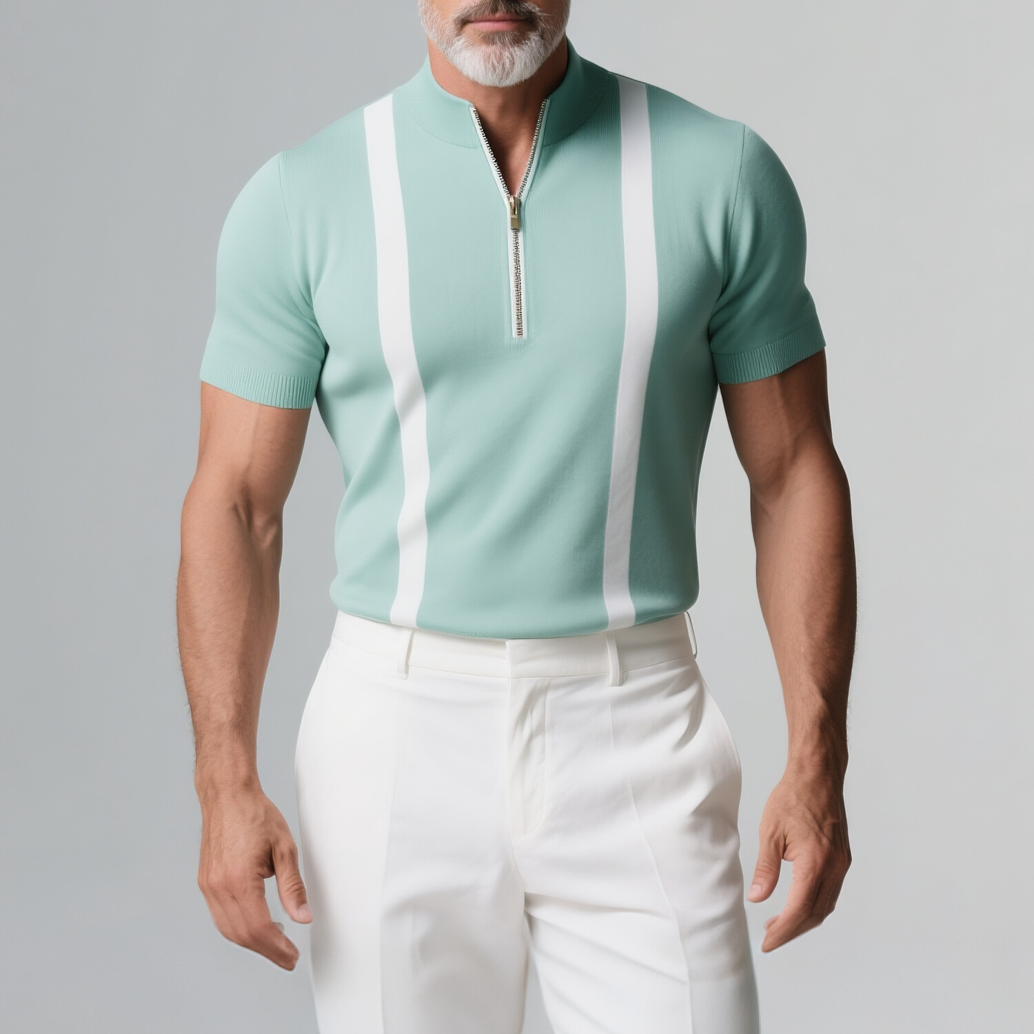 Men's Stand Collar Half Zip Short Sleeve White Striped Shirt