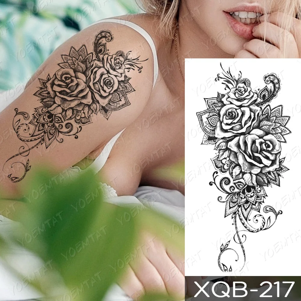 Waterproof Temporary Tattoo Sticker Line Rose Peony Snake Flash Tattoos Simple Flowers Body Art Arm Fake Sleeve Tatoo Women