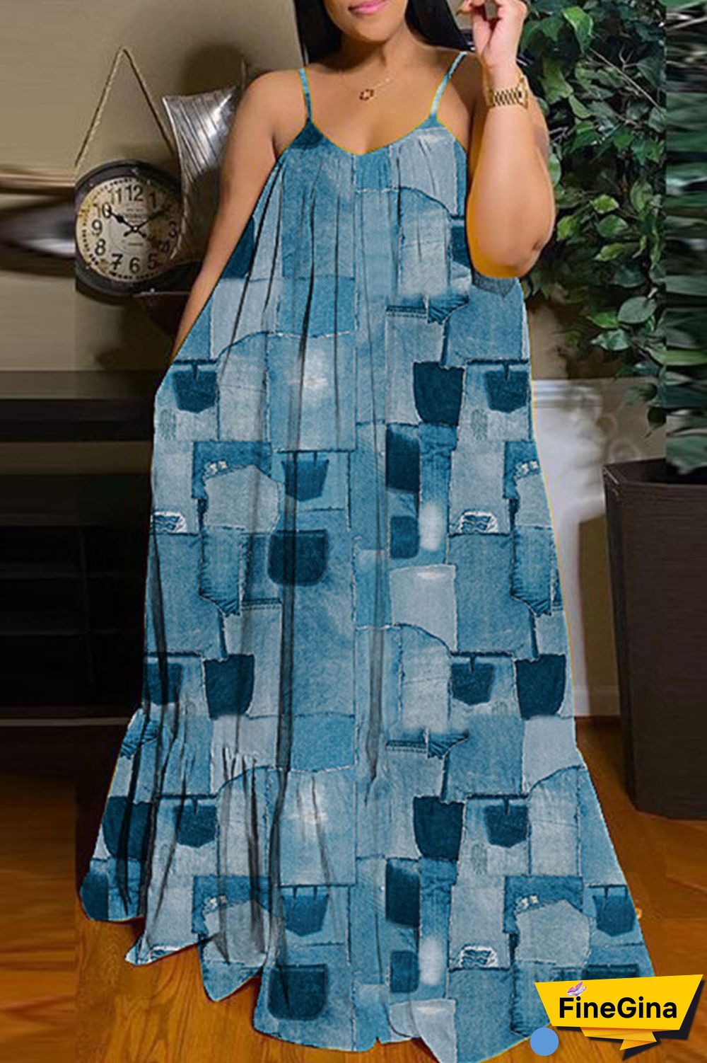 Black Brown Casual Street Print Patchwork Spaghetti Strap Sling Dress Dresses