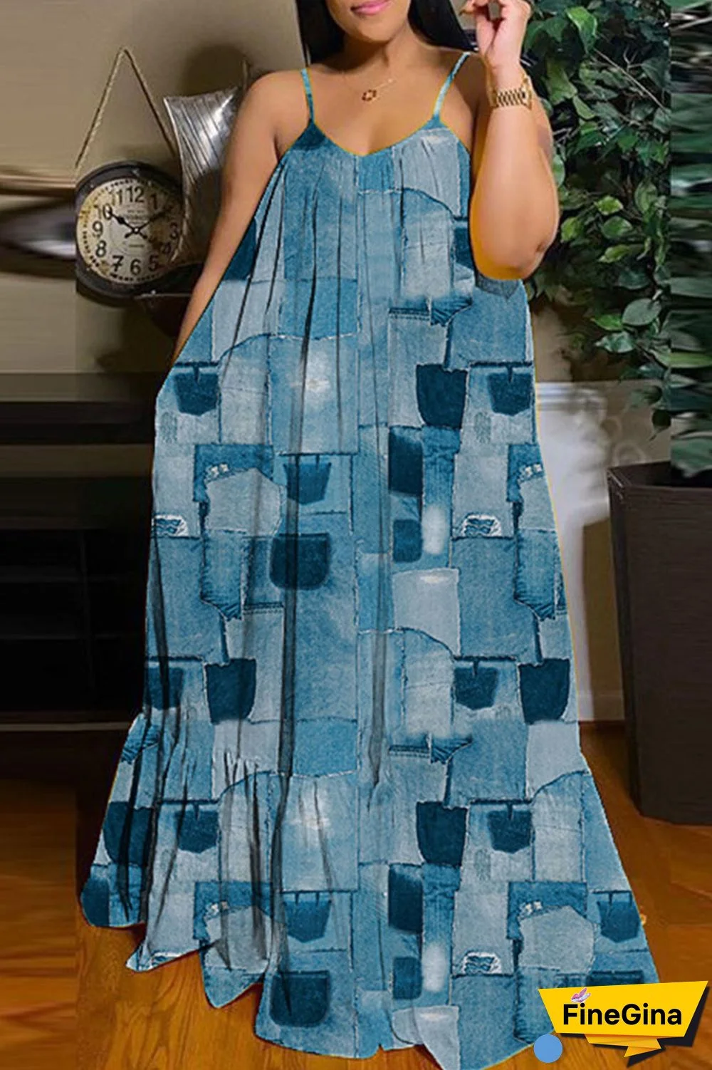 Black Brown Casual Street Print Patchwork Spaghetti Strap Sling Dress Dresses