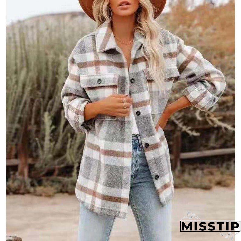 Women's Long Sleeve Loose Plaid Shirt Woolen Coats