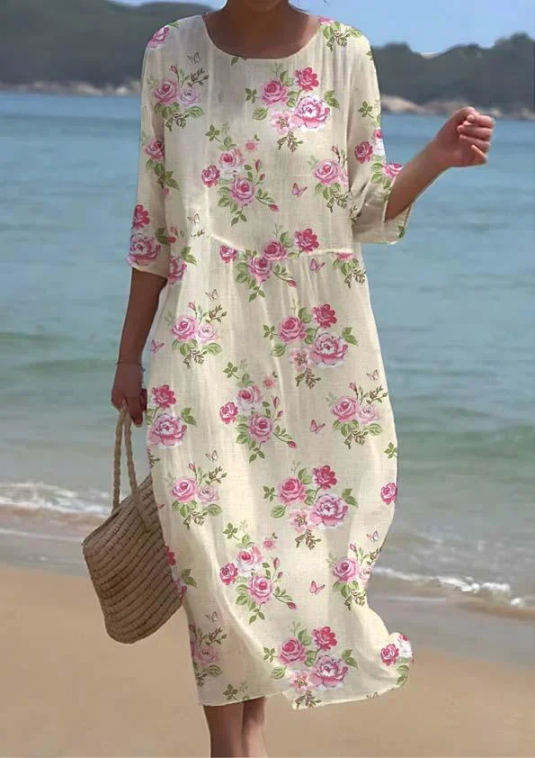 Women's Elegant Rose Floral Print Crew Neck Dress