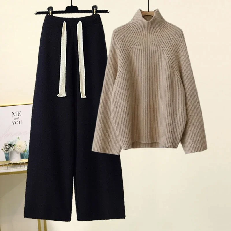 Zingj Winter Warm Knitted Suit Women Long Sleeve Half Turtleneck Knitting Sweater And Wide Leg Pants Sets Outer Wear Loose Set